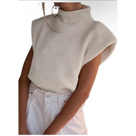 Tops - Huaqiao Women's High Neck Knit Sweater Vest Padded Shoulder Turtleneck